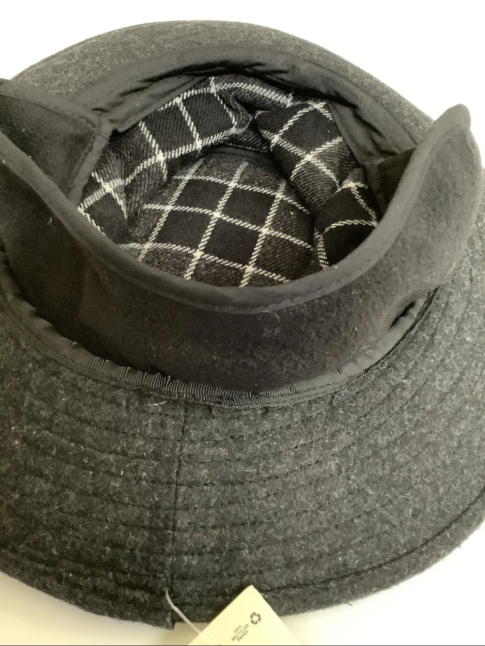 Duluth Charcoal Grey Crusher Wool Bucket Hat with Plaid Lining and Ear Flaps